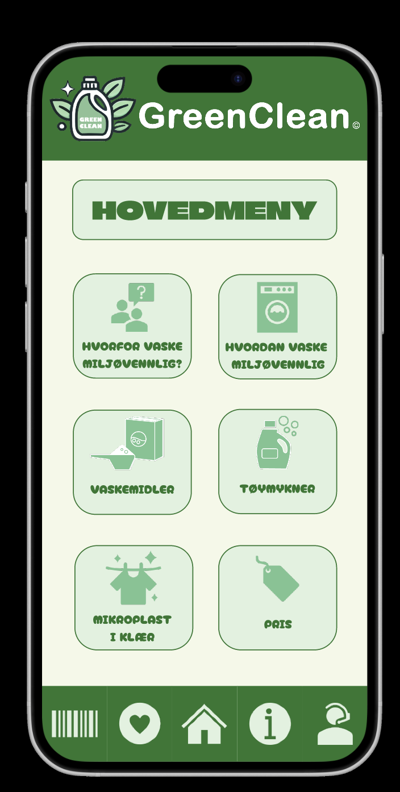 GreenClean main menu with six green buttons