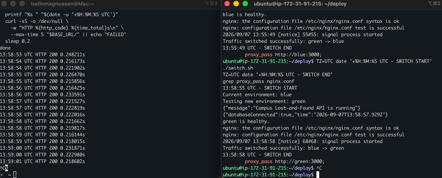 Two terminals: on the left every request returns HTTP 200, on the right switch.sh moves traffic from blue to green
