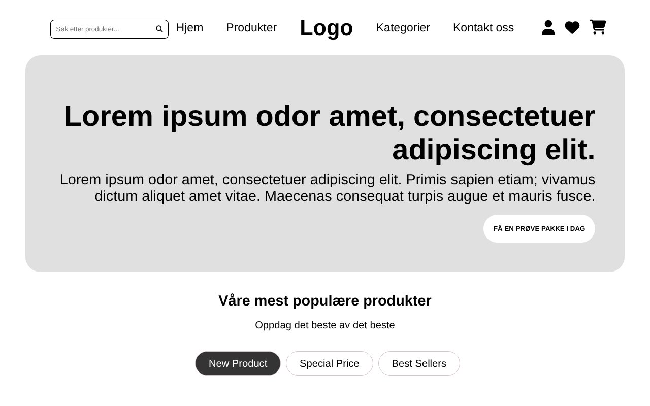 Front page with search field, menu with the logo in the middle, grey banner and product cards