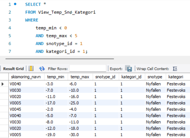 Result in MySQL Workbench: nine grip waxes for new snow with temperature ranges